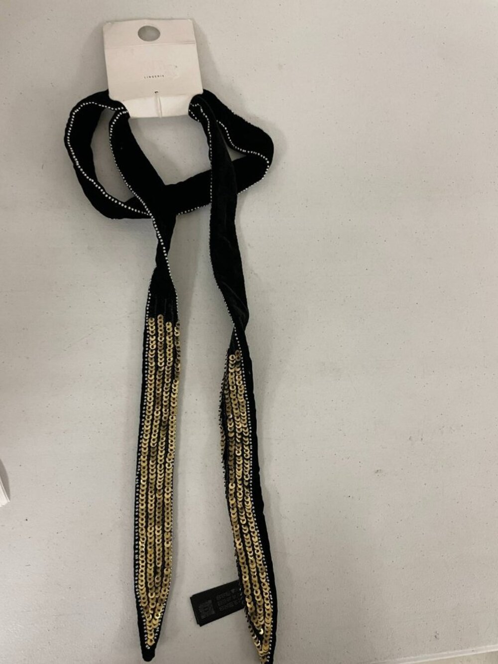 Zara Black Velvet Hair Accessory Gold Sequin Embellished Ribbon Tie New With Tag